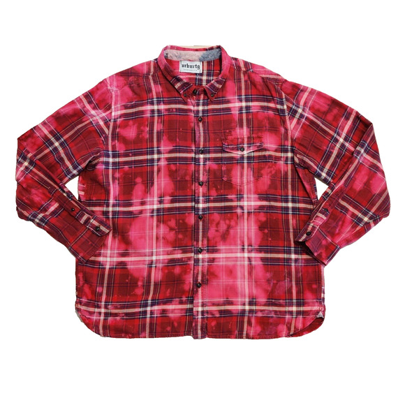 URBNVTG Mens Jakke Patch Flannel Size XL Red Upcycled OOAK 90s Grunge Acid Wash - Picture 15 of 16